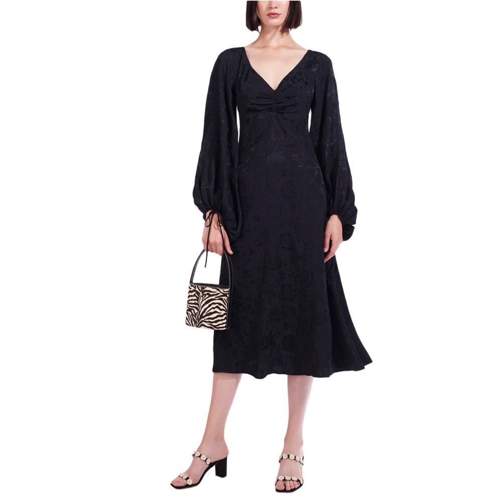 STAUD Black Midi Dress with Balloon Sleeves